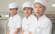 Asian nurses slurping cum out of loaded shafts in group