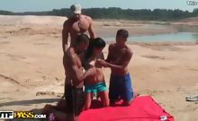 young brunette fucked on the beach in all holes