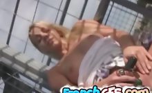 Sexy french gf playing with her vibrator on the ferris wheel