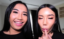 Two teen ladyboys Mos and Meme threesome