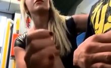 confident girlfriend gives nervous boyfriend blowjob on bus