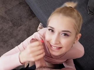 Young blonde gives blowjob and titjob to old guy