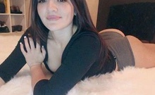 Brunette amateur babe strips off and masturbates