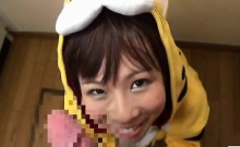 Subtitled POV Japanese blowjob cosplay in the kitchen